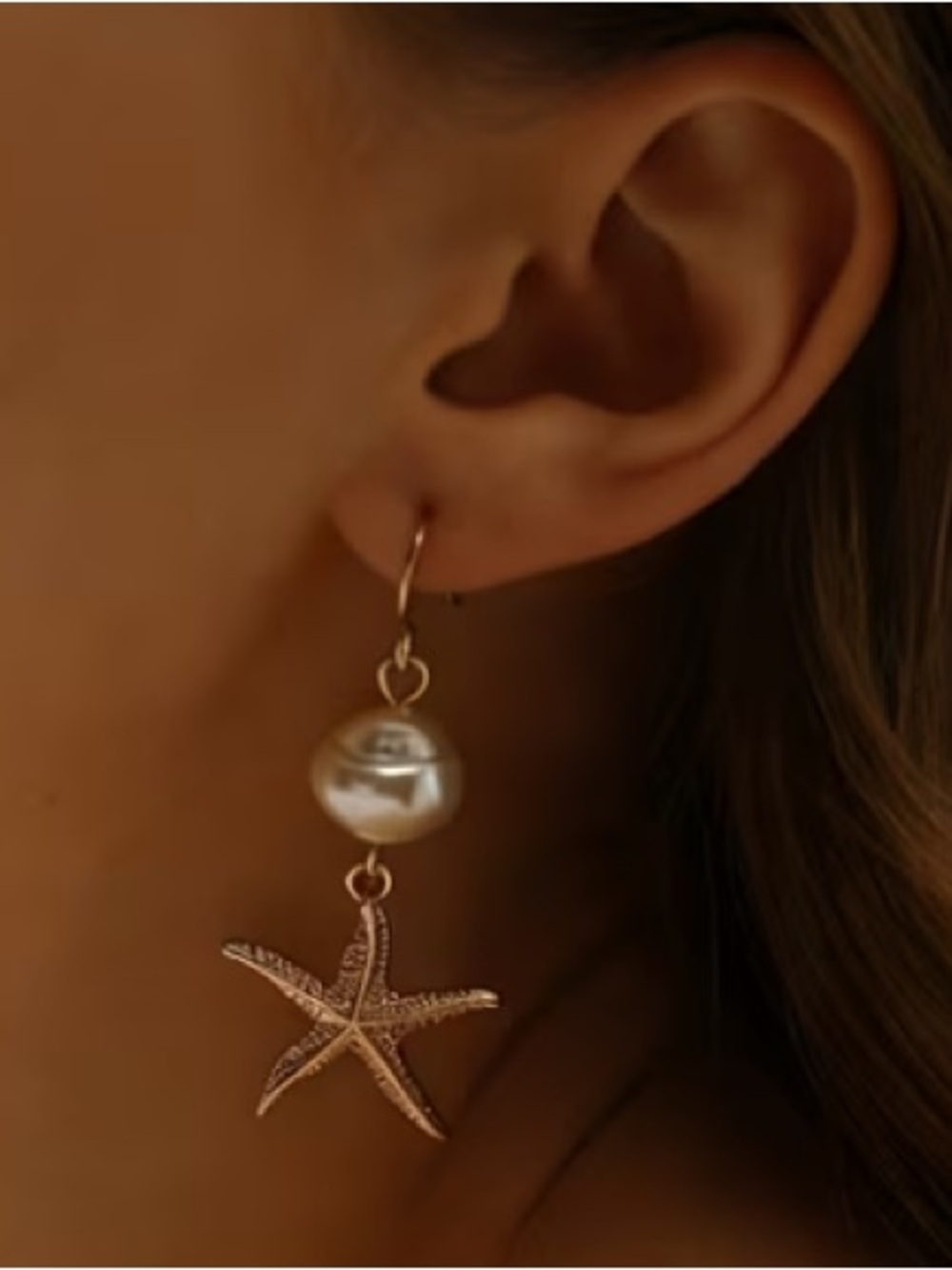 Gold Starfish Drop Earrings with Pearl Accent
